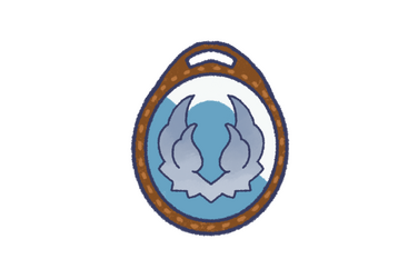 A leather keyfob with the White Wings crest on it: a pair of wings in silver metal, upon a diagonally split background of white and sky blue.