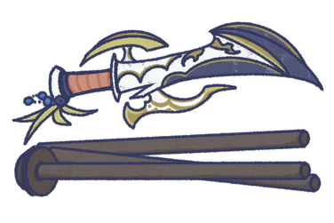 A sandteak fauchard, a lance with a detachable wooden hilt. A plume of chocobo feathers dangles from the hilt. It's ostentatious, but it works.