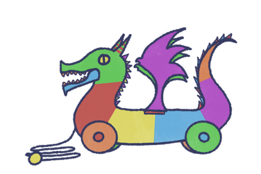A brightly coloured dragon toy on wheels, with a leash for pulling.