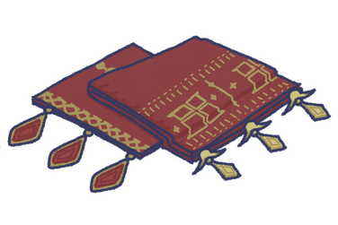 Dancer barding for a chocobo, consisting of red and gold embellished silks.