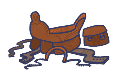 A bridle, saddle, bit and saddlebag for a chocobo.